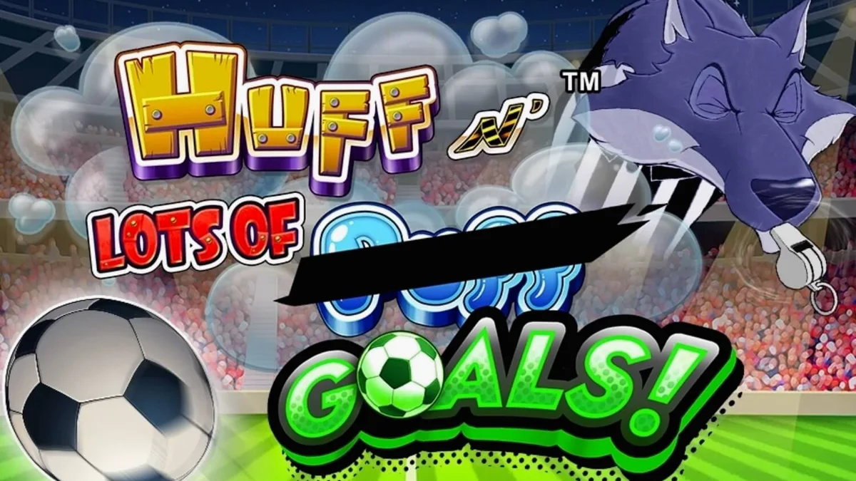 Tampilan visual slot Huff N’ Lots of Goals dengan tema stadion sepak bola dan karakter babi.