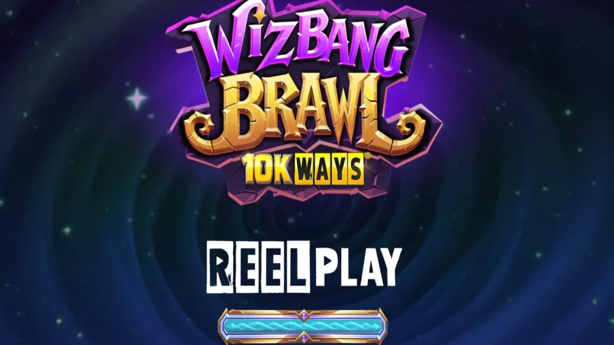Wizbang Brawl 10K Ways slot game interface showing magical wizard duel